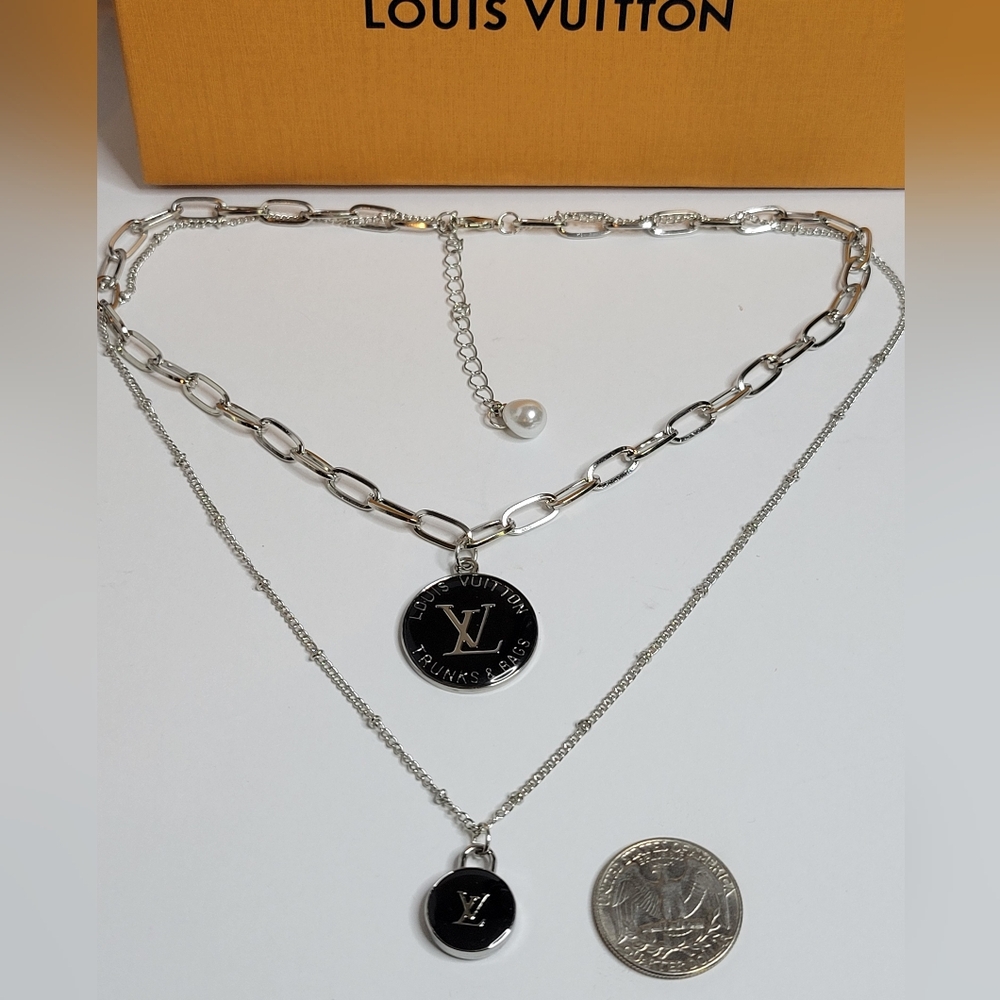 Silver Layered Neckchains, Adjustable, Blk. Ename… - image 3